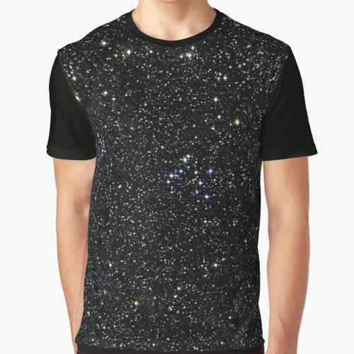 Black t-shirt with glittery graphic design of a starry night sky in dark space.