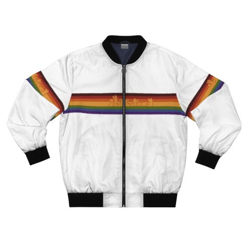 A colorful bomber jacket featuring a design of cute rainbow rabbits representing gay pride.