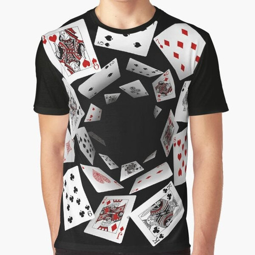 Graphic t-shirt featuring a design of falling playing cards in a surreal, Alice in Wonderland-inspired style.