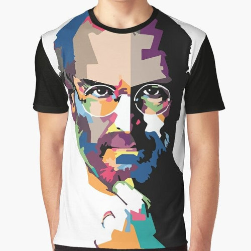 Steve Jobs Portrait Graphic T-Shirt with Computer, Apple, and Blueprint Design