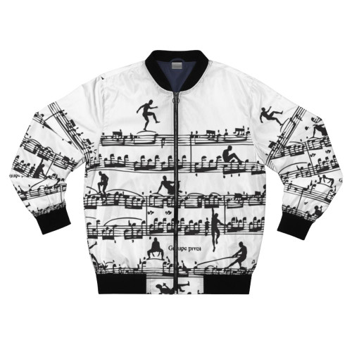 Mozart-inspired bomber jacket for men with musical notes, instruments, and silhouettes