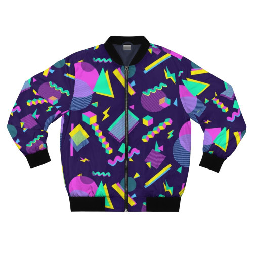 Retro 80s bomber jacket with a bold, vaporwave-inspired design featuring geometric shapes and a corporate core aesthetic.