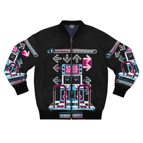 Retro arcade-inspired bomber jacket with dance revolution gaming graphics