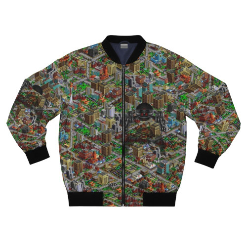 Retro SimCity 2000 inspired bomber jacket with high contrast pixel art design