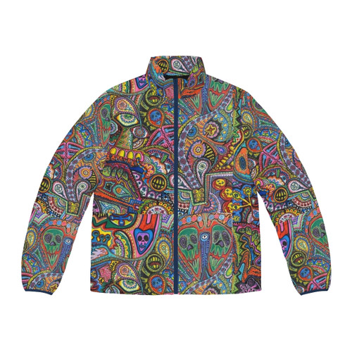 Colorful puffer jacket with psychedelic patterns and original artwork