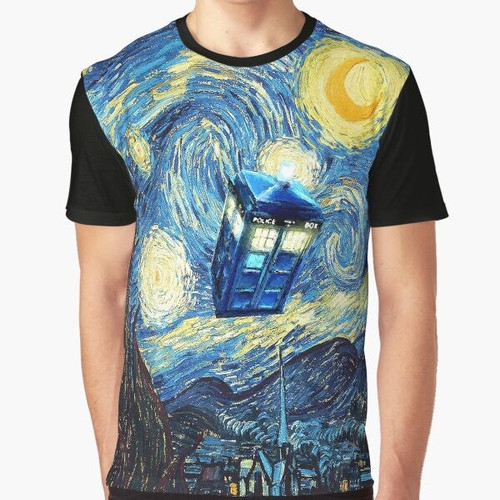 Graphic t-shirt featuring a witch-themed Doctor Who phone booth design with a starry night and Gallifreyan elements.