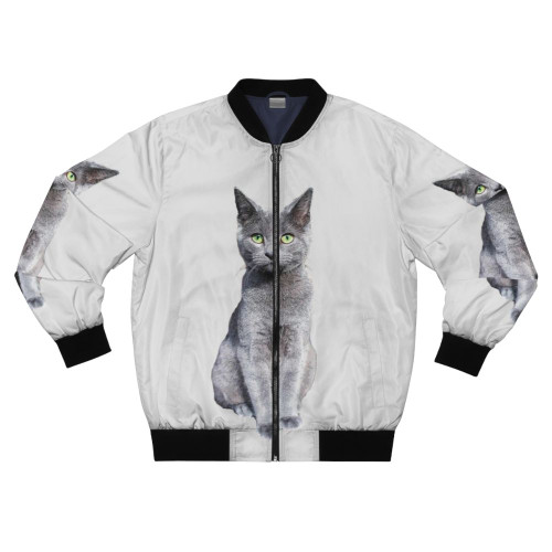 Cozy and stylish bomber jacket featuring an adorable Russian blue cat kitten with green eyes.