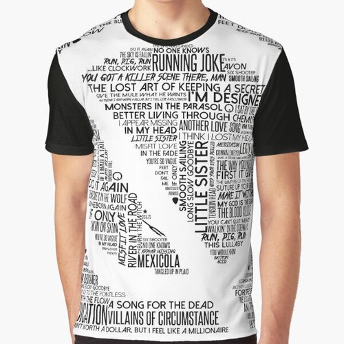 Queens of the Stone Age song titles graphic design on a t-shirt