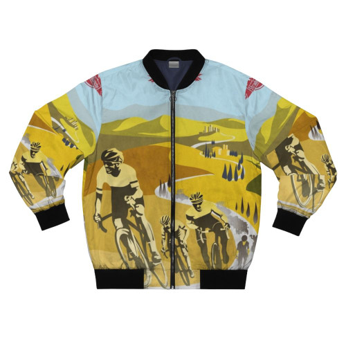 Vintage cycling art bomber jacket featuring Strade Bianche race in Tuscany, Italy
