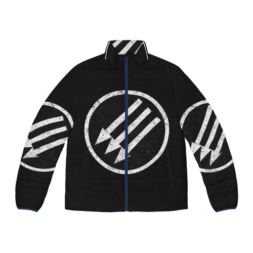 Iron Giant puffer jacket with a pointillistic design featuring the beloved robot hero in a forest setting