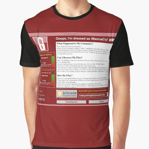 Graphic t-shirt featuring the WannaCry ransomware logo and cybersecurity-themed design for Halloween.