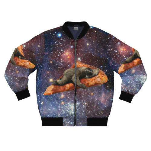 A bomber jacket featuring a graphic design of a sloth riding a pizza through a galaxy.