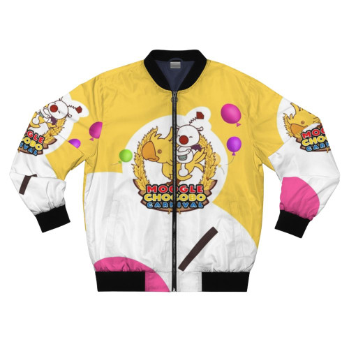 A vibrant bomber jacket featuring the iconic Chocobo and Moogle characters from the Final Fantasy universe.