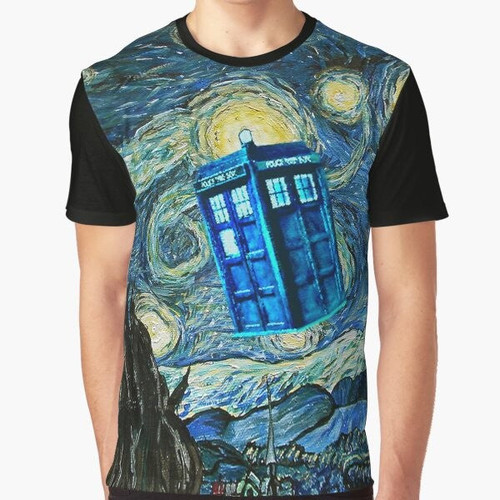 A vibrant graphic t-shirt featuring a British phone box with a Doctor Who, time lord theme.