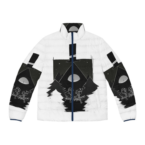 Gravity Falls inspired puffer jacket in the woods