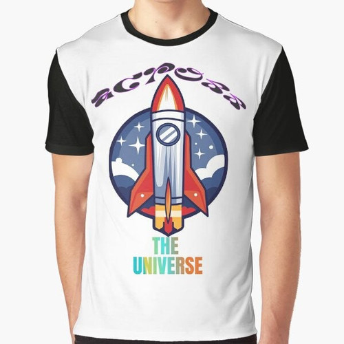 A graphic t-shirt design featuring the words "Across the Universe" with a cosmic, galaxy-inspired backdrop and the Beatles band members.