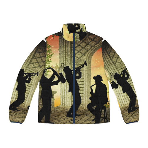 Vintage-inspired puffer jacket featuring jazz music and 1920s style elements