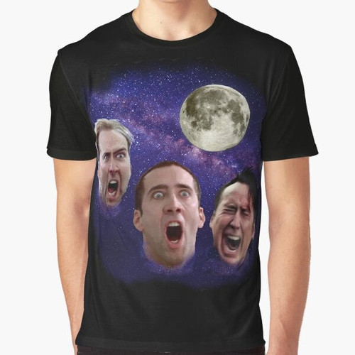 Three Cage Moon graphic design t-shirt featuring a play on the popular "Three Wolf Moon" meme with Nicolas Cage's face