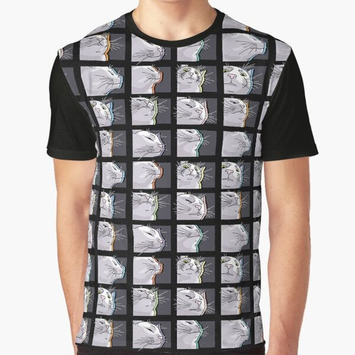 A graphic t-shirt featuring a cat vibing and dancing to music, a popular internet meme.