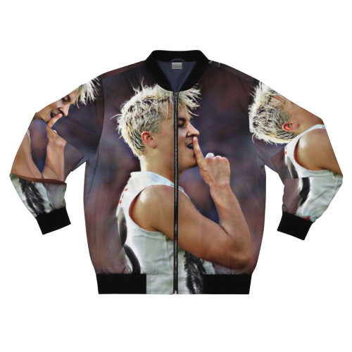 Jack Ginnivan wearing a trendy bomber jacket, celebrating his career as an Australian rules footballer for the Collingwood Magpies