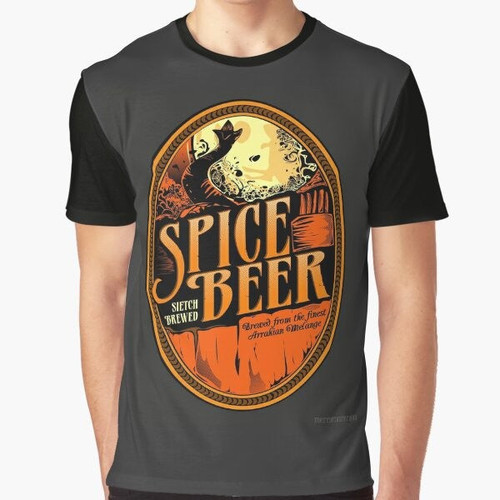 Dune-inspired Spice Beer Label Graphic T-Shirt featuring Frank Herbert's iconic science fiction universe