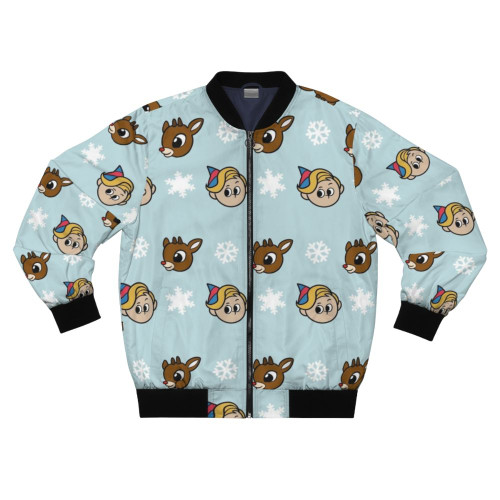 Festive Rudolph the Red-Nosed Reindeer bomber jacket with holiday-themed graphics