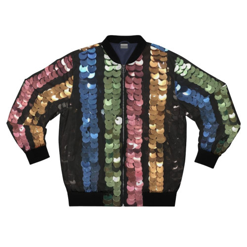 Vibrant sequin embellished bomber jacket in pink, yellow, and blue colors