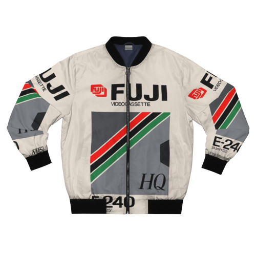 Vintage Fuji E-240 cassette tape bomber jacket with retro, vaporwave, and synthwave design