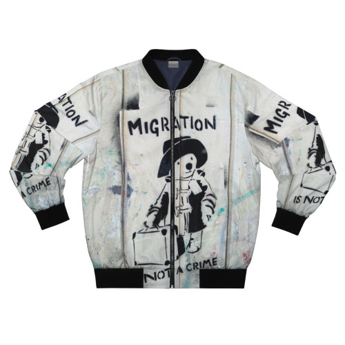 "Migration Is Not A Crime" political bomber jacket with graffiti design