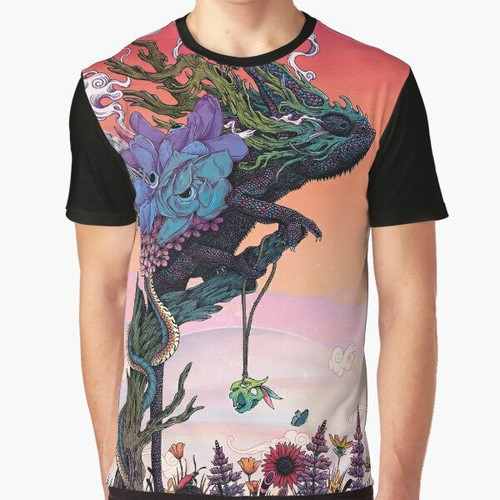 Chameleon-themed psychedelic and surreal graphic t-shirt design with trippy, fantasy-inspired elements