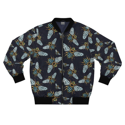 A blue banded bee lino print design on a bomber jacket