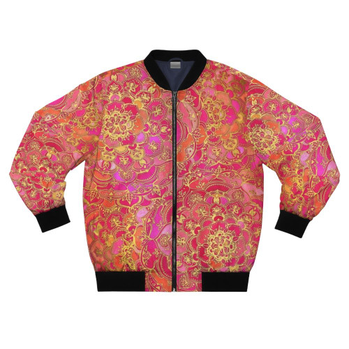 Hot Pink Baroque Floral Pattern Bomber Jacket with Gold Metallic Accents