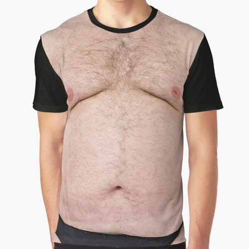A humorous graphic t-shirt featuring a hairy, chubby belly design with the message "Fat is Beautiful"