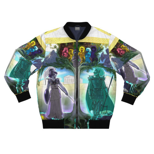 Athena's Tapestry Bomber Jacket featuring Greek mythology-inspired design