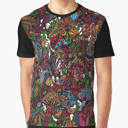 Psychedelic graphic t-shirt with a trippy cartoon design featuring vibrant colors and psychedelic elements.