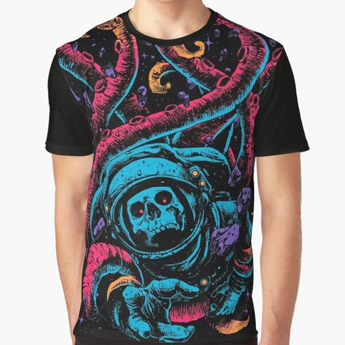 A colorful and surrealist graphic t-shirt featuring a lost, scary, and spooky design.