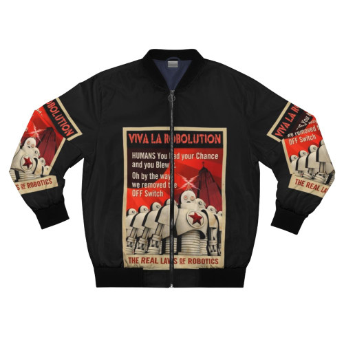A bold and futuristic bomber jacket featuring a robot and Soviet-inspired design
