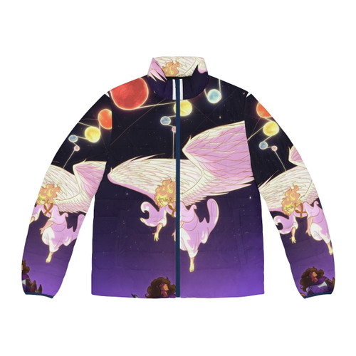 Puffer jacket with illustration of "God From The Machine" design by Overly Sarcastic Productions