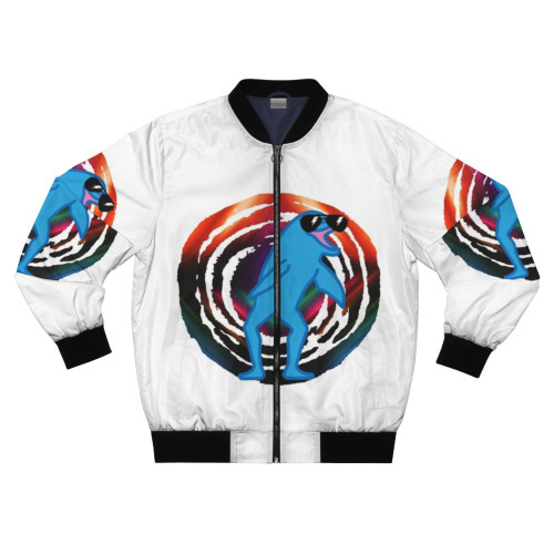 A bomber jacket featuring a funny dolphin meme design wearing sunglasses