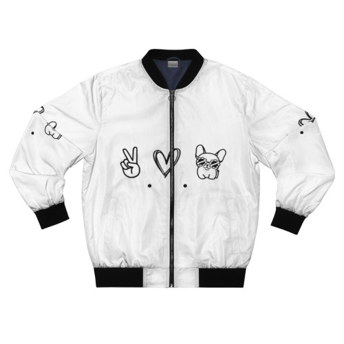 Minimalist bomber jacket with a French bulldog design, featuring the words "Peace, Love & Frenchies".