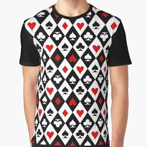 Playing card suit symbols graphic t-shirt featuring hearts, diamonds, spades, and clubs