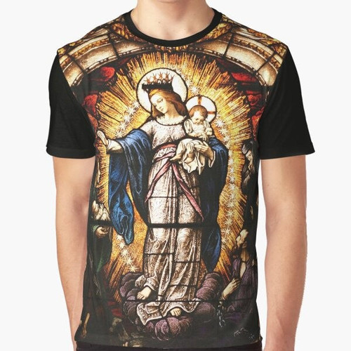 Virgin Mary Graphic T-Shirt with Stained Glass Design