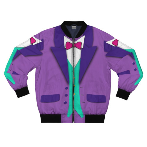 Tuxedo bomber jacket with purple bowtie and matching vest