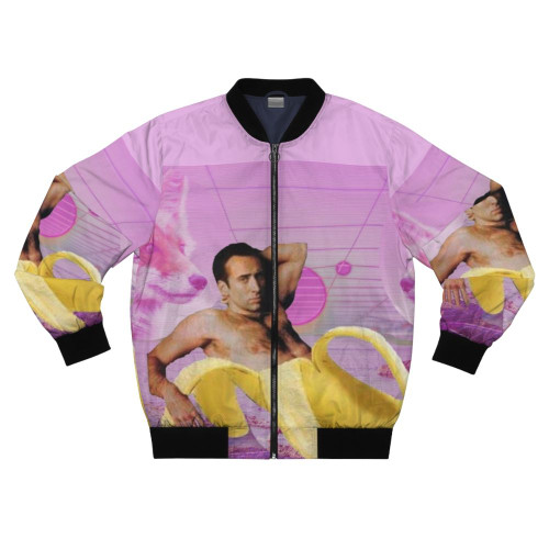 Nicholas Cage wearing a vaporwave-style bomber jacket with a banana print