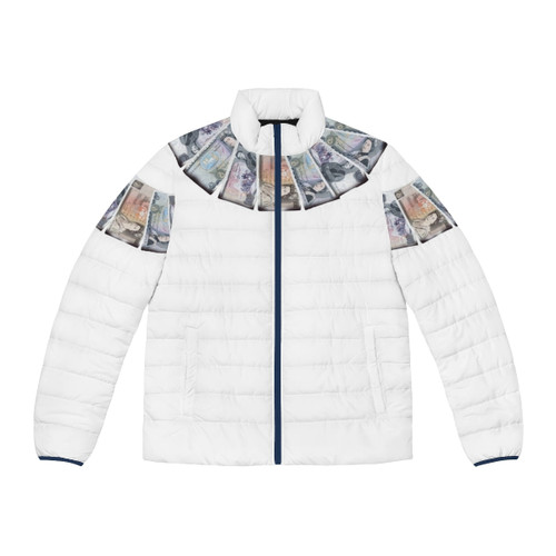 Ian Brown wearing a stone roses style money puffer jacket