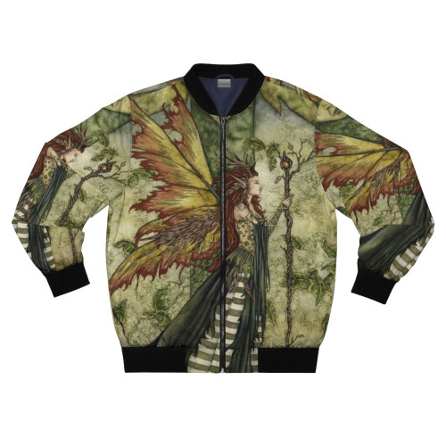 A green fantasy bomber jacket with fairy and leaf design