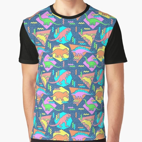 Retro-style graphic t-shirt with a pattern of nineties-inspired dinosaur designs, including Tyrannosaurus Rex, Pterodactyl, and more.