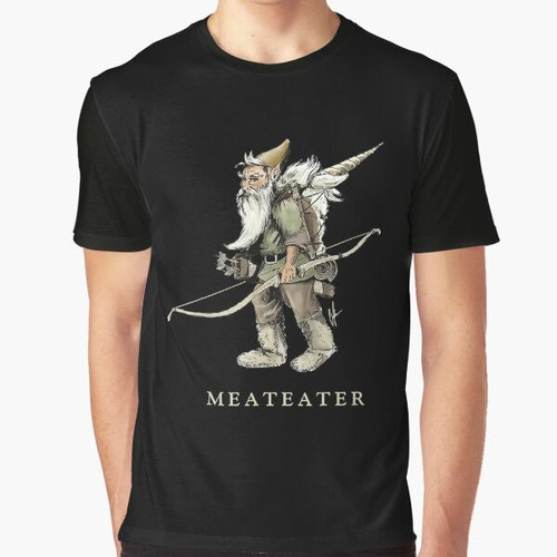 A graphic t-shirt design featuring a gnome meat eater packing out a unicorn