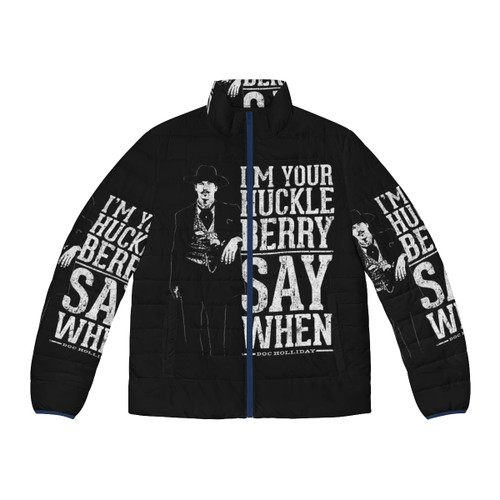 A puffer jacket featuring a superhero and villain design, inspired by the film Black Panther