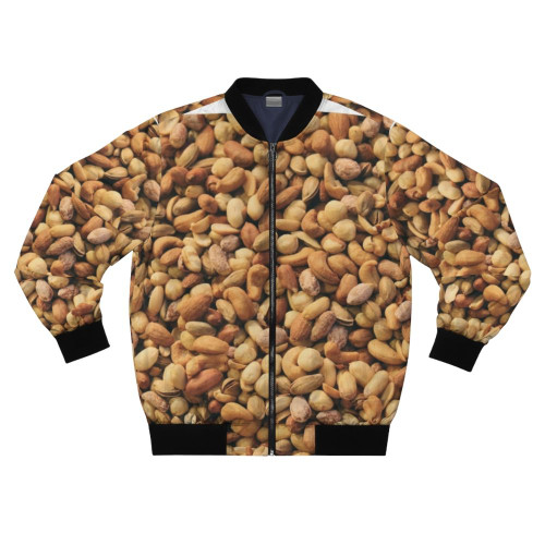 A stylish bomber jacket featuring a mixed nuts design, including hazelnuts, pistachios, peanuts, and almonds.